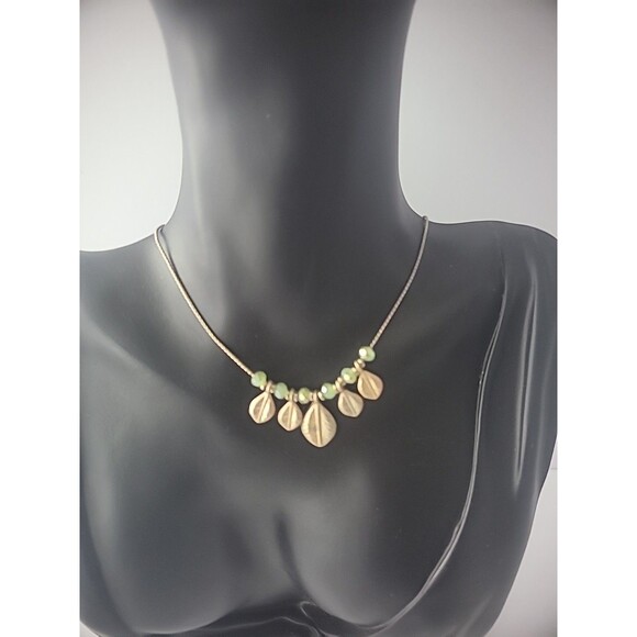Unbranded Jewelry - Vintage Necklace Chain Silver Tone Green Beads Gold Tone Leaves Jewelry Costume